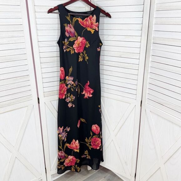 Vintage 90s Positive Attitude Floral Maxi Slip Dress Black Medium Glam Grunge - Picture 7 of 11